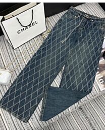 Chanel Women's Rhombus Denim Straight Leg Pants Dark Blue
